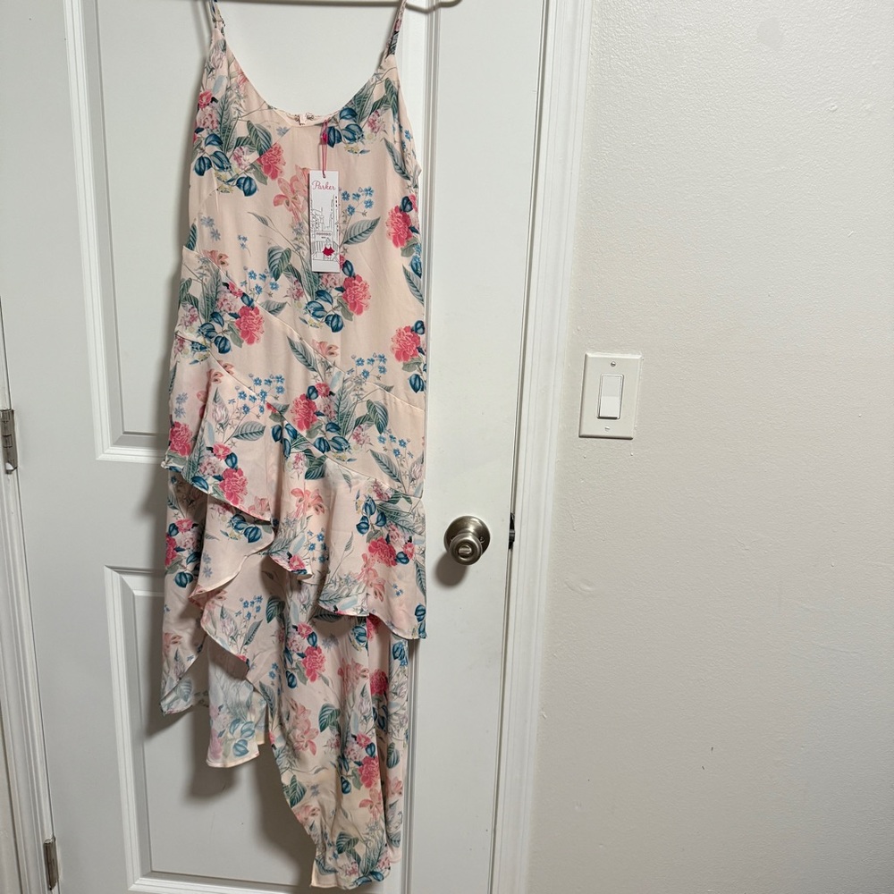 NWT PARKER SzM FLORAL ASYMMETRICAL RUFFLE DRESS MELLOW MEADOW MULTI